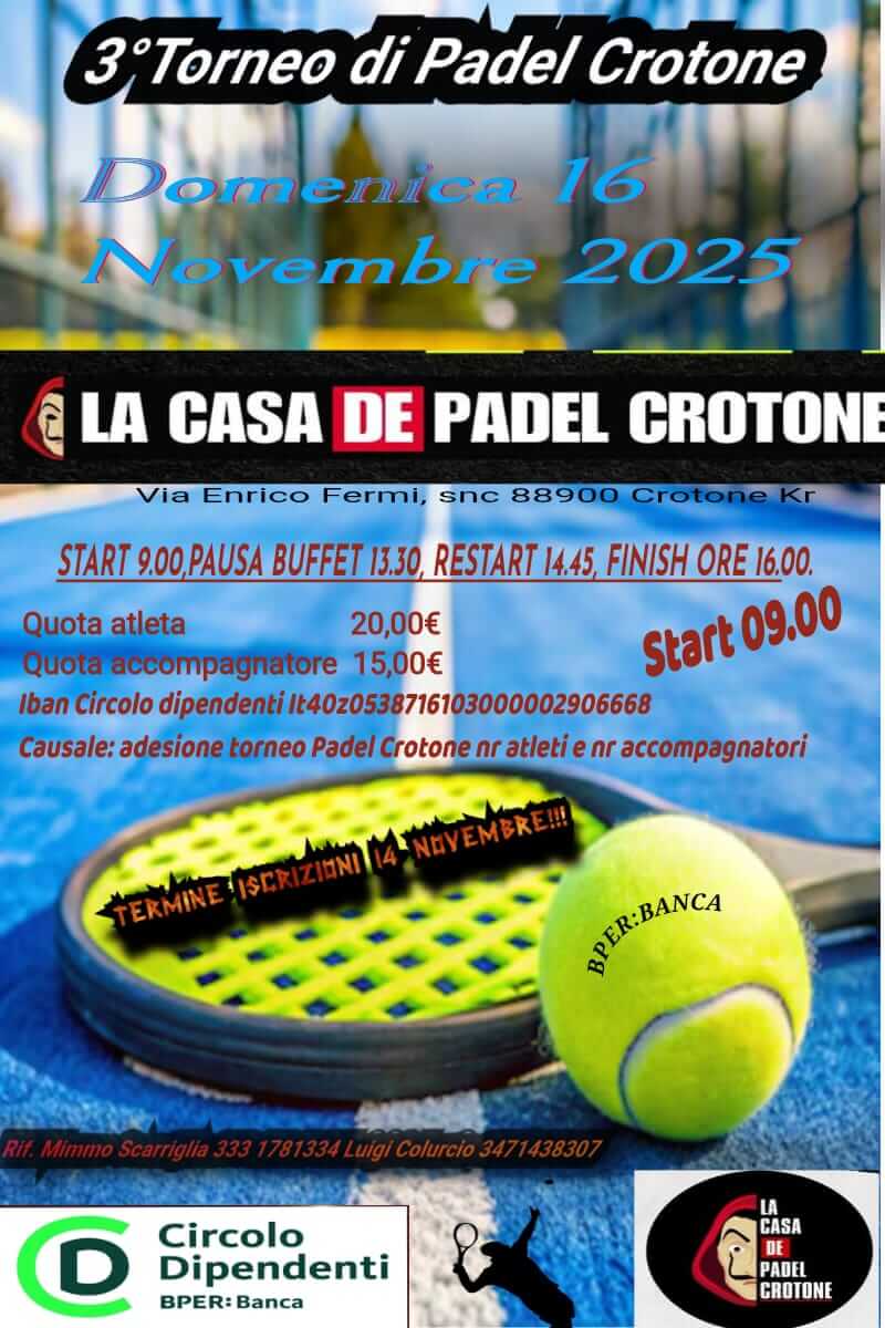 terzo torneo di padel crotone domenica 16 nov 2025