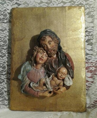 2002 scultura in terracotta dipinta su tavola foglia in oro  25x35